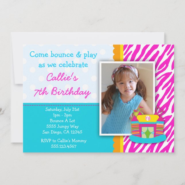 Bounce House Birthday Invitation Zebra Print Pink (Front)