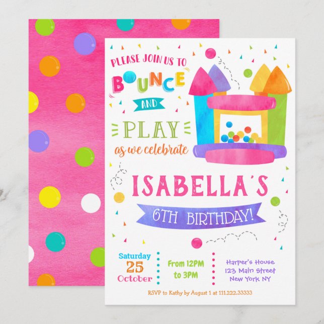 Bounce House Birthday Invitations for girl (Front/Back)