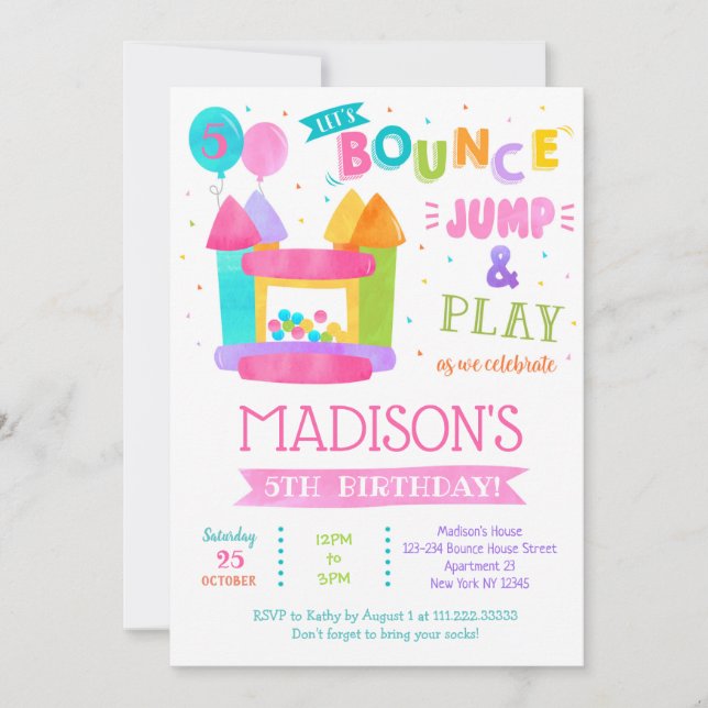 Bounce House Birthday Invitations for girl (Front)