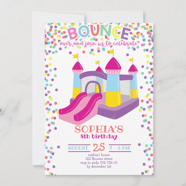 Bounce House Colourful Girl Rainbow Birthday Party Invitation (Front)