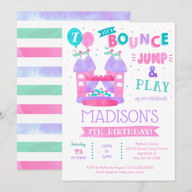 Bounce House Jump Birthday Invitations for girl (Front/Back)