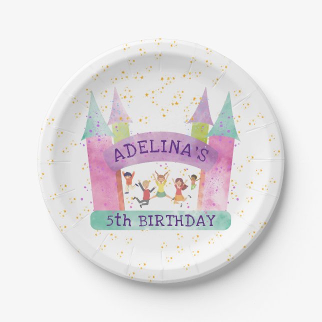 Bounce House Jump Play Gymnastics Kids Birthday Paper Plate (Front)