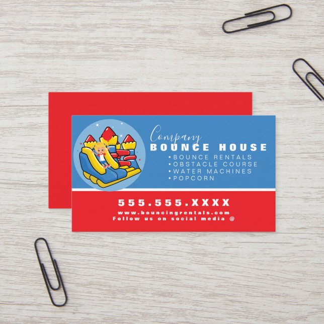 Bounce House Logo Party Rental Red Blue Business Card (Front/Back In Situ)