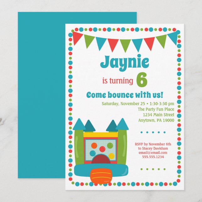 Bounce Invitation Girls Boys Jump Birthday Party (Front/Back)