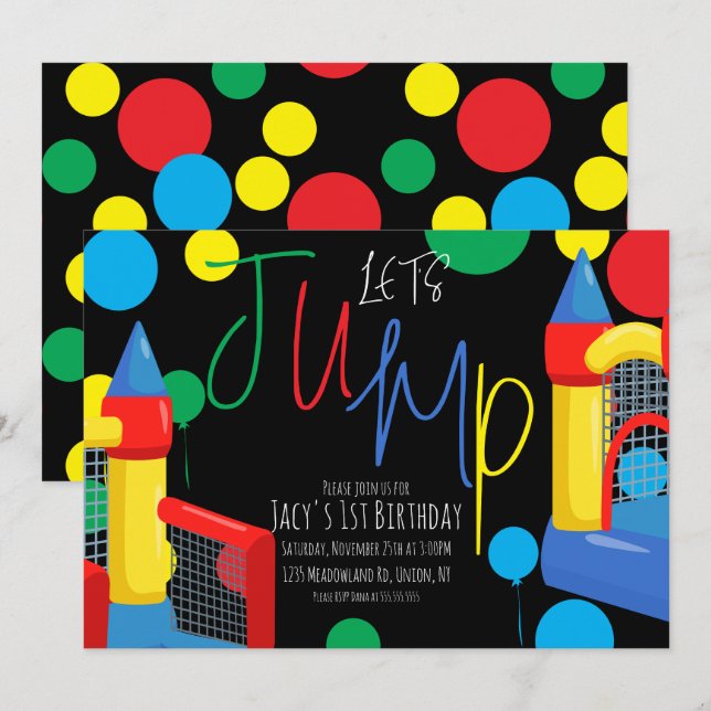 Bounce Jump Kids Birthday Party Dots Balloons Invitation (Front/Back)