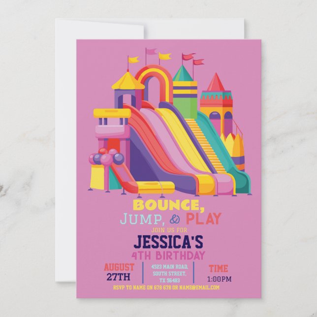 Bouncy Castle Birthday Party Jump Bounce Pink Girl Invitation (Front)