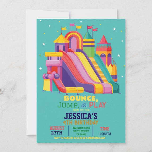 Bouncy Castle Birthday Party Jump Bounce Teal Invitation (Front)