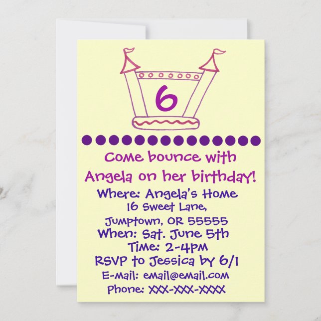 Bouncy House Girls Party Invitation (Front)