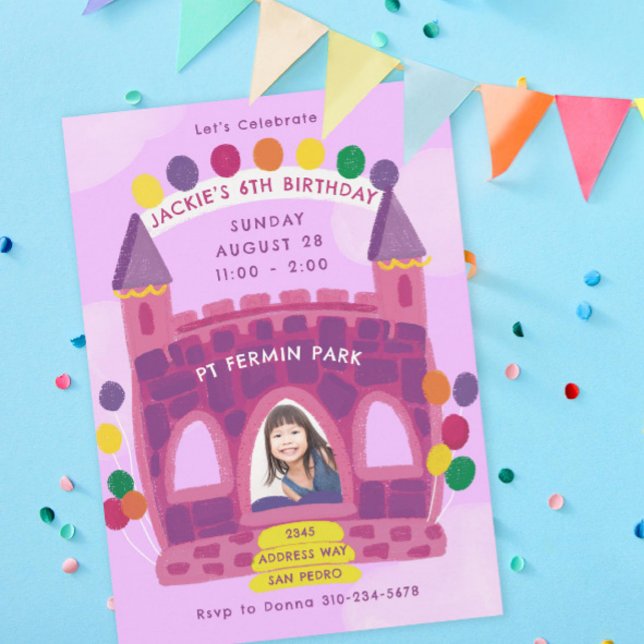 Bouncy House Purple Pink Kid's Birthday Party Invitation (Creator Uploaded)