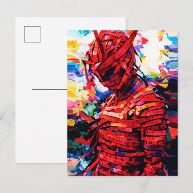 Bound in Red Script Vibrant Calligraphy Figure Postcard (Front/Back)