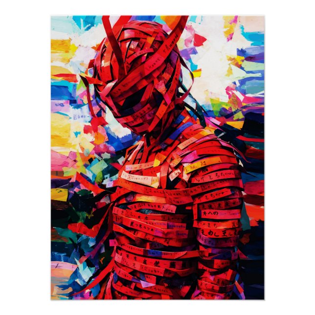 Bound in Red Script Vibrant Calligraphy Figure Poster (Front)