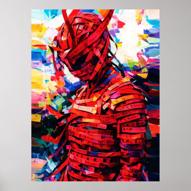 Bound in Red Script Vibrant Calligraphy Figure Poster (Front)