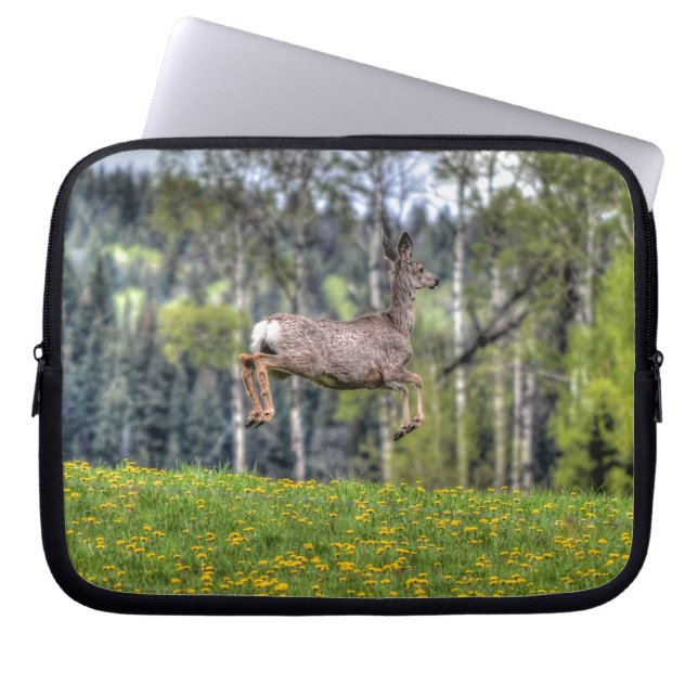 Bounding Mule Deer & Forest Wildlife Animal Photo Laptop Sleeve (Front)