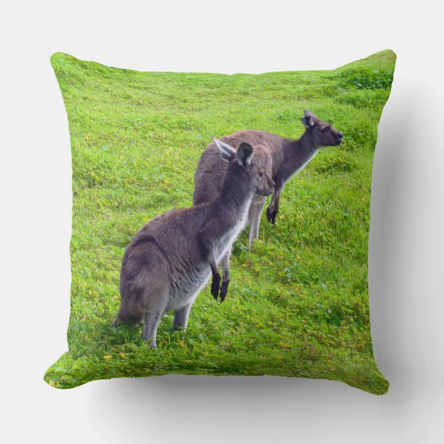Boundless Horizons: Gray Kangaroos on Grassy Plain Cushion (Front)