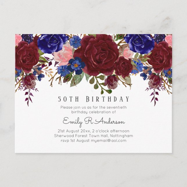 Bountiful 50th Birthday Burgundy Rose Floral Woman Postcard (Front)