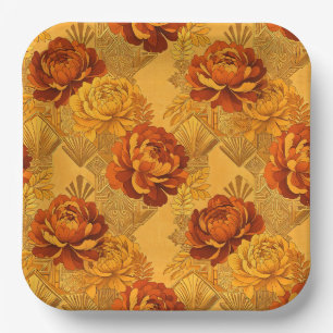 Bountiful Blossoms Golden Orange Art Deco Paper Plate