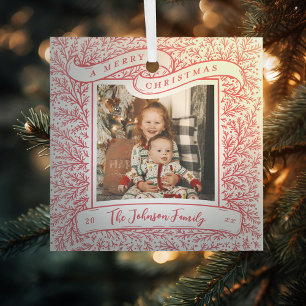 Bountiful Branches Red and White Photo Christmas Glass Tree Decoration