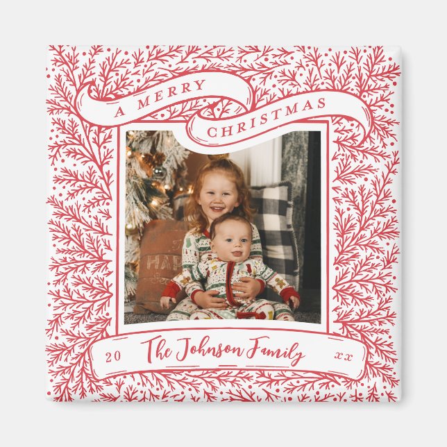 Bountiful Branches Red and White Photo Christmas Magnet (Front)