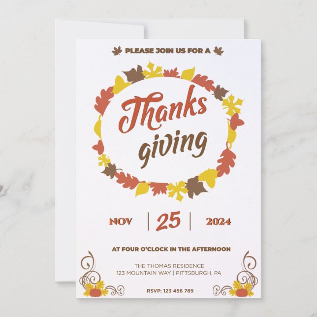 Bountiful feast in Leafy Pumpkin Leaves on Crystal Invitation (Front)