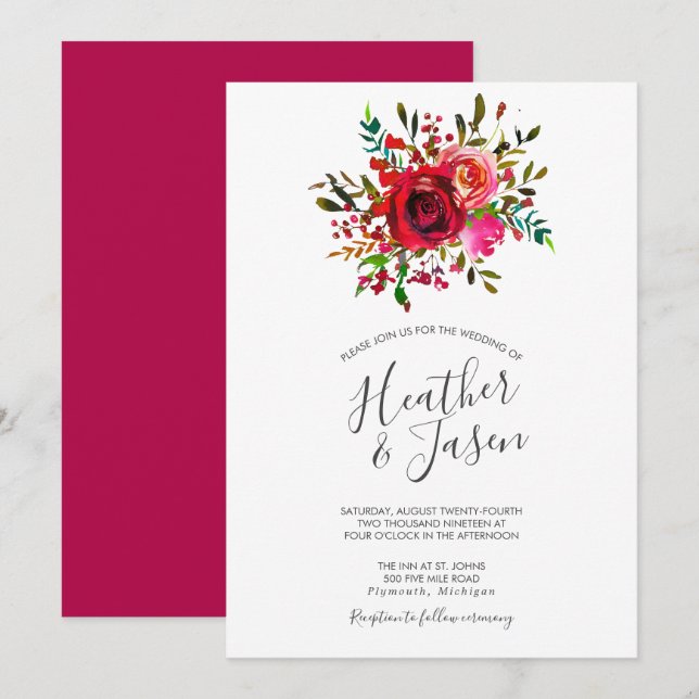 Bountiful Rose Ruby Red Wedding Invitation (Front/Back)