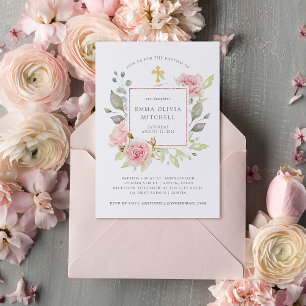 Bountiful Roses Elegant Pink Floral Baptism Invitation