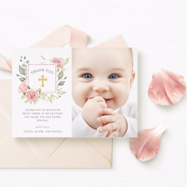 Bountiful Roses Elegant Pink Floral Baptism Photo Thank You Card (Creator Uploaded)