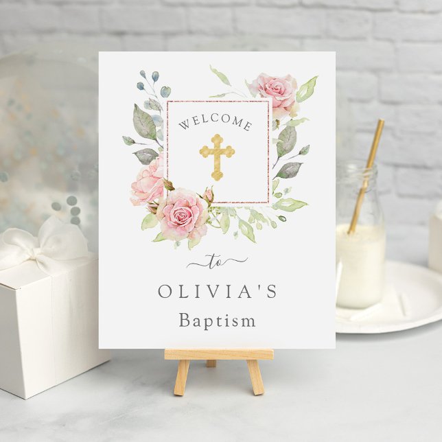 Bountiful Roses | Elegant Pink Floral Baptism Poster (A pretty welcome sign for your Baptism celebration)