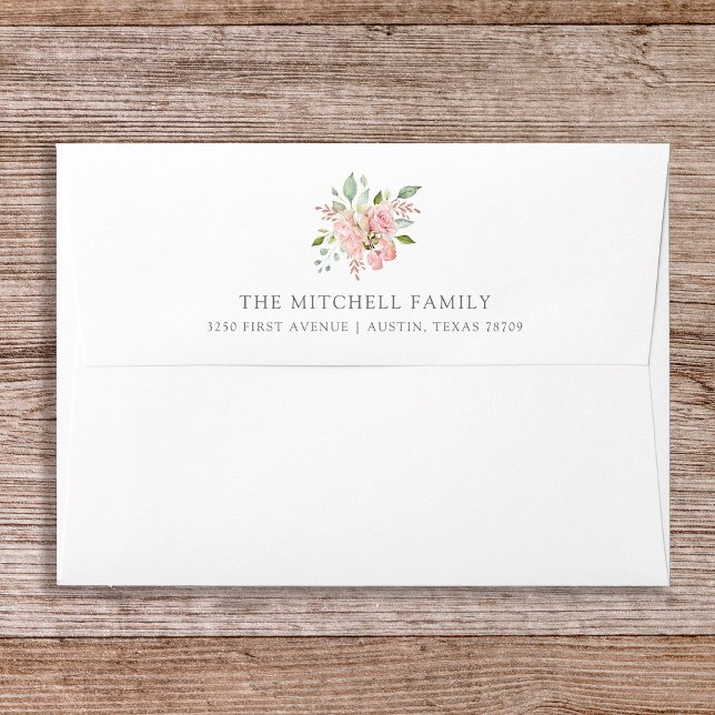Bountiful Roses | Pink Floral Baptism on White Envelope (A pretty Baptism envelope with a white exterior with a bouquet of roses, and a pink color inside)