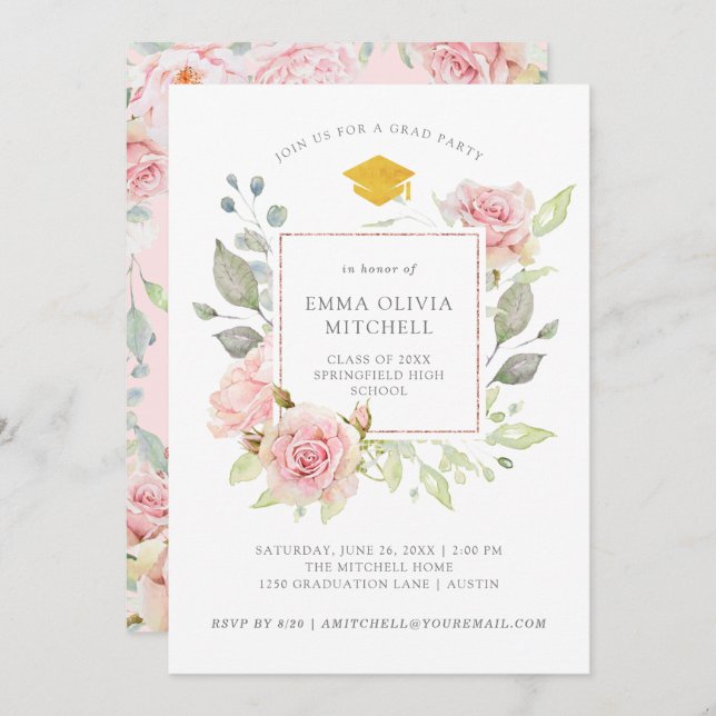 Bountiful Roses | Pink Floral Graduation Party Invitation (Front/Back)
