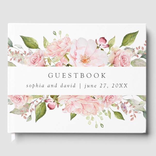 Bountiful Roses | Pink Floral Wedding on White Guest Book (Front)
