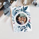 Bountiful | Watercolor Botanical Hanukkah Photo Holiday Card<br><div class="desc">Elegant Hanukkah photo card features a favourite photo surrounded by lush blue botanical foliage and tiny red berries. Personalise with a custom holiday greeting (shown with "wishing you light,  peace and love"),  and your names curved around the photo. Add four additional images to the back,  along with the year.</div>