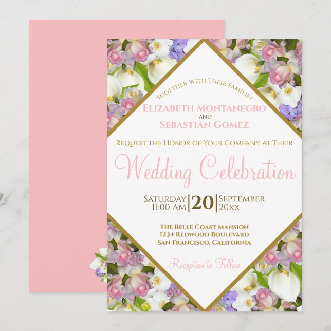 Bounty of Pastel Flowers Diamond Frame Wedding Invitation (Front/Back)