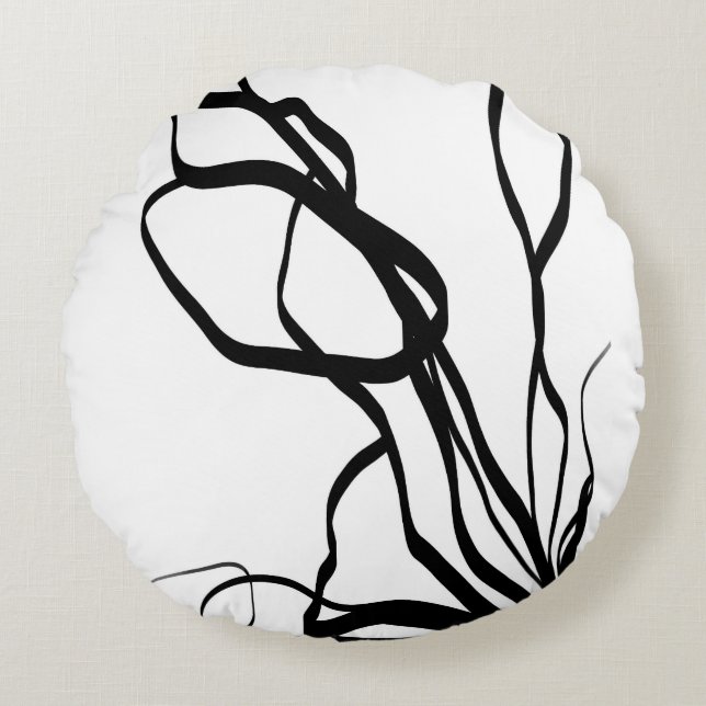 Bouquet Blanc: Abstract White & Black Round Cushion (Front)