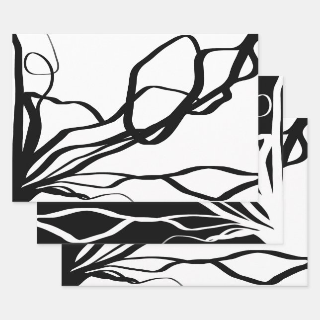 Bouquet Blanc & Noir: Abstract White & Black Wrapping Paper Sheet (Set)