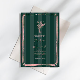 Bouquet Border Green Stripe Pink Wedding Invitation