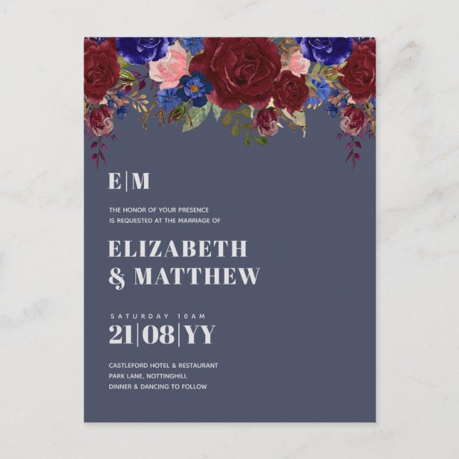 Bouquet Burgundy Blue Roses Wedding Invite Postcard (Front)