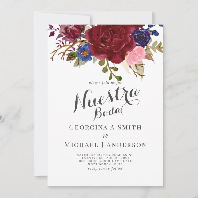 Bouquet Burgundy Floral Navy Blue PInk COUPLES Invitation (Front)