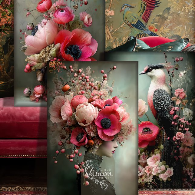 Bouquet Couture, Bird, Portrait & Floral Art Set Wrapping Paper Sheet (Vibrant Pink & Green, Portrait, bird & Bouquet Floral, Matching Art, Heavyweight Decoupage, Set)