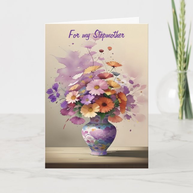 Bouquet in Chinese Vase Stepmother Birthday Card (Front)