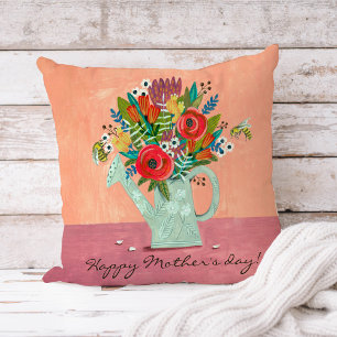 Bouquet in Watering can pink girly floral drawing Cushion