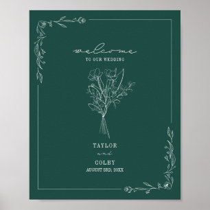 Bouquet Line Art Emerald Wedding Welcome Poster
