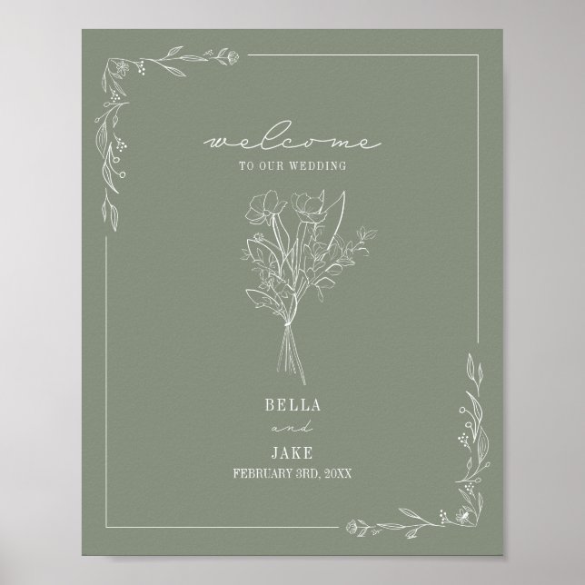 Bouquet Line Art Sage Green Wedding Welcome Poster (Front)