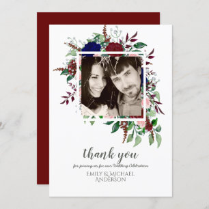 Bouquet Marsala Blue Pink Flowers THANK YOU Invitation