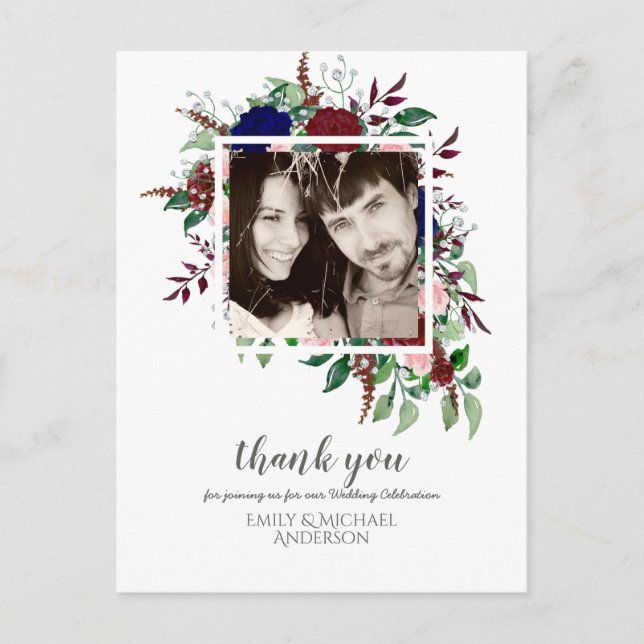 Bouquet Marsala Blue Pink Flowers THANK YOU Postcard (Front)