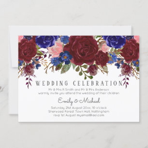 Bouquet Marsala Navy Blue Pink Floral WEDDING Invitation