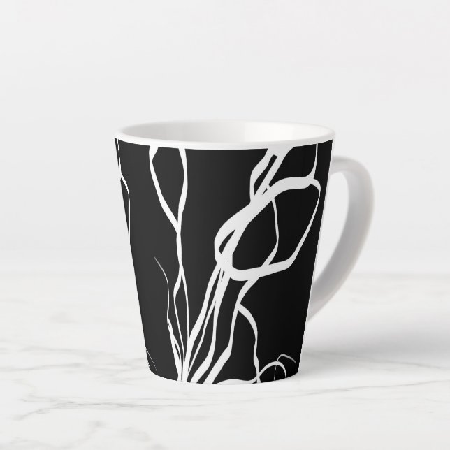 Bouquet Noir: Abstract Black & White Latte Mug (Right Angle)
