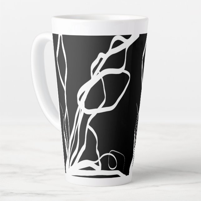 Bouquet Noir: Abstract Black & White Latte Mug (Left Angle)