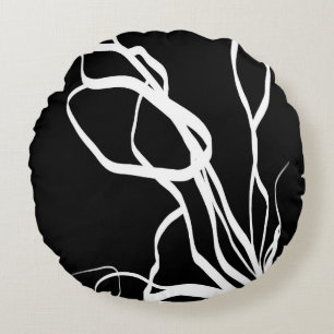 Bouquet Noir: Abstract Black & White Round Cushion