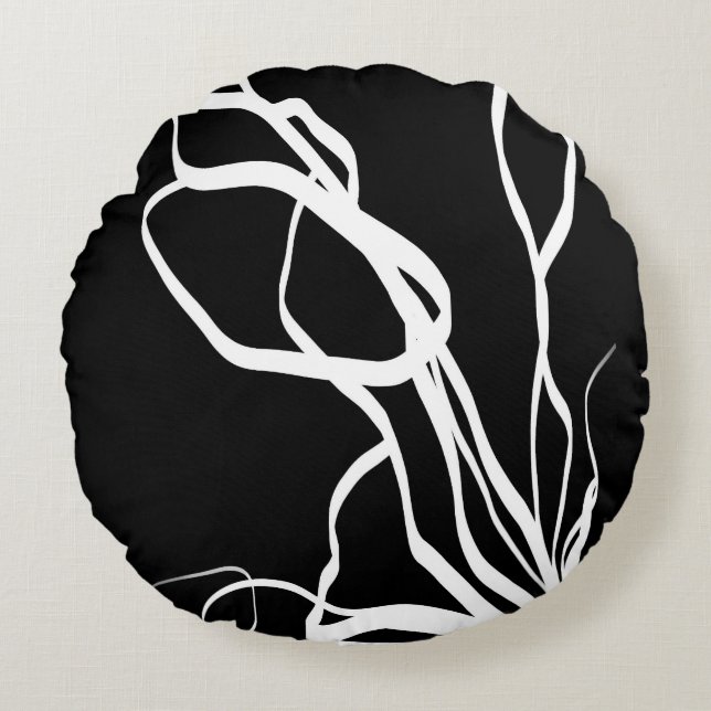 Bouquet Noir: Abstract Black & White Round Cushion (Front)