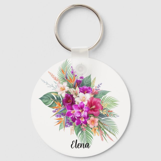 Bouquet of Beautiful Tropical Flowers Key Ring (Front)